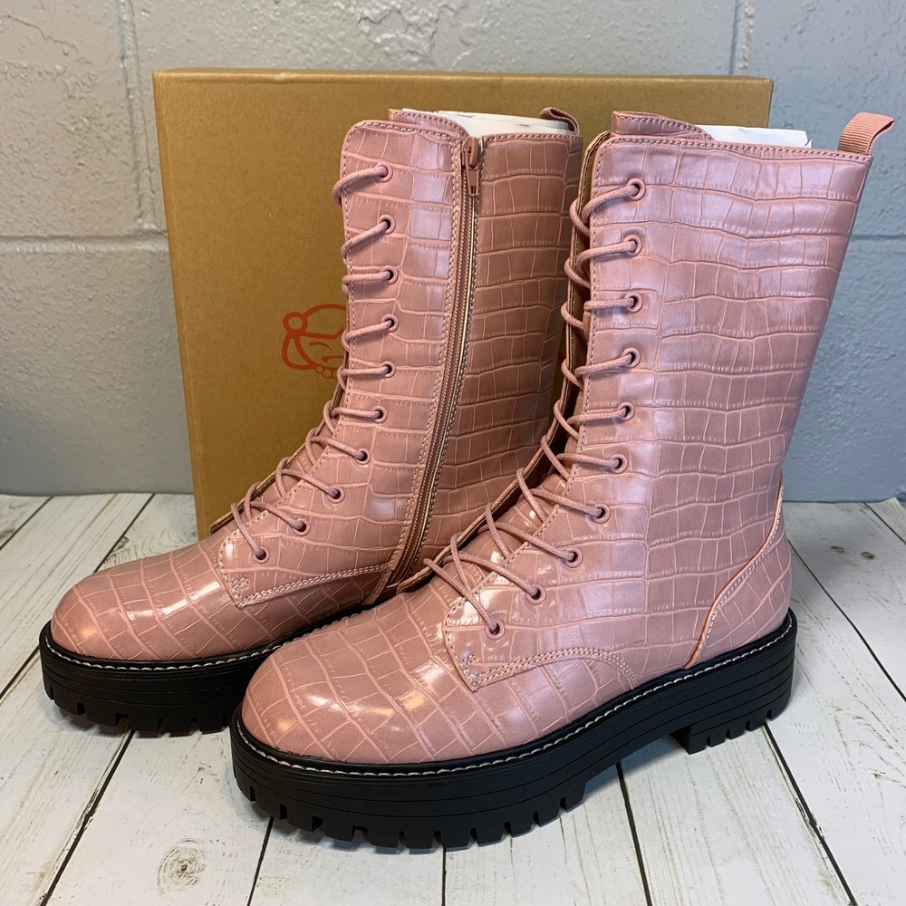 NEW Sugar By Belk Womens Pink Croc Emboss Combat Boots Size 10 M SGR Limelight - Picture 2 of 7